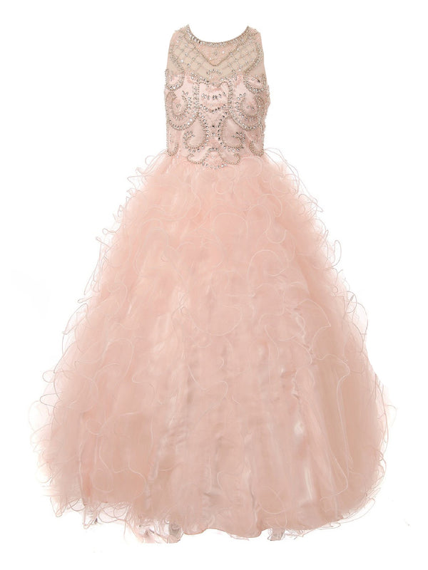 Little Girls Blush Ruffles Rhinestone Illusion Neck Pageant Dress 2-6 - SophiasStyle.com